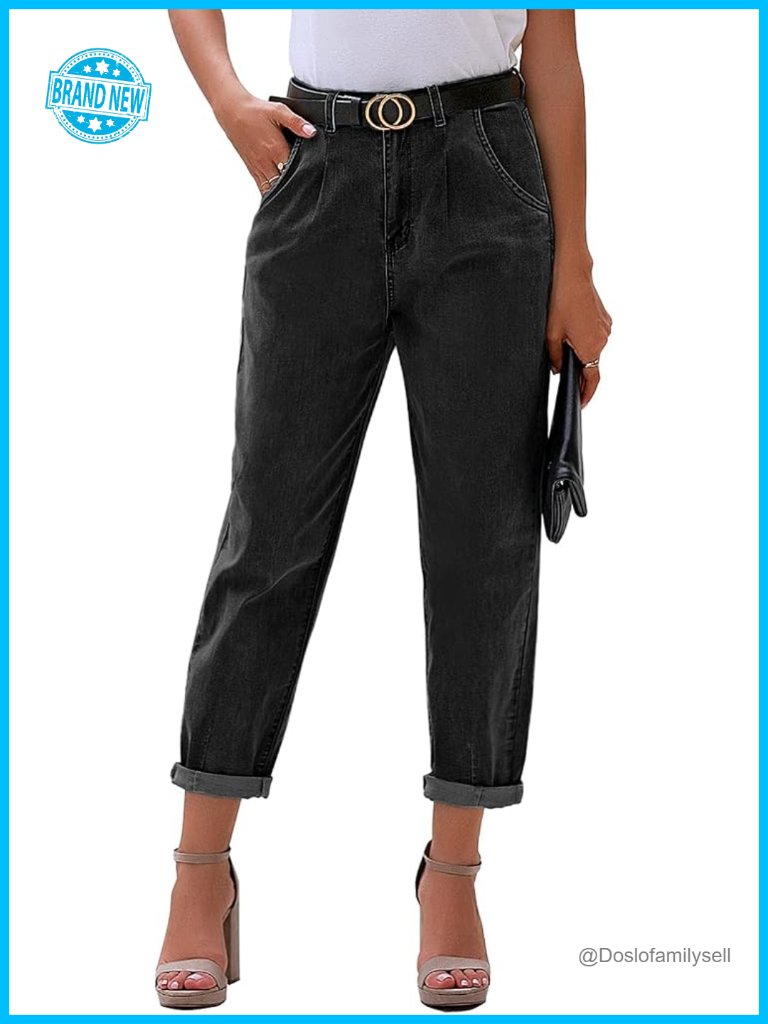 High Waisted Stretchy Loose Boyfriend Jeans With Cuffed Hem